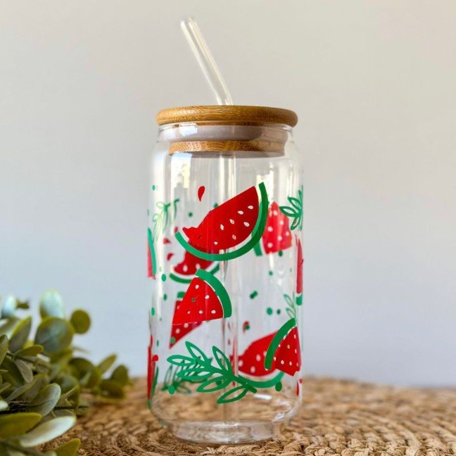 Watermelon Glass Cup 
With Wood Lid & Straw