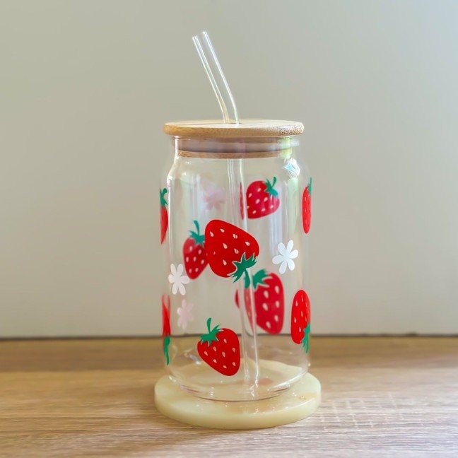 Strawberry Glass Cup 
With Wood Lid & Straw