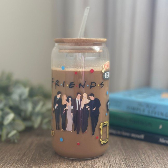 "Friends" Glass Cup 
With Wood Lid & Straw