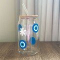 Evil Eye Glass Cup 
With Wood Lid & Straw