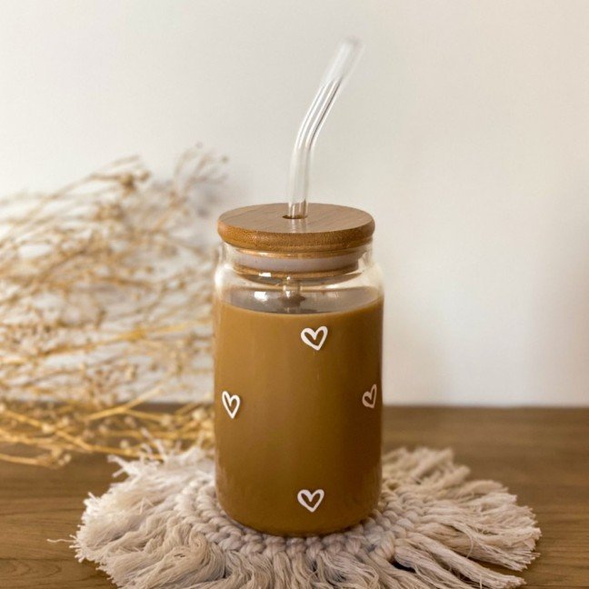 Hearts Glass Cup 
With Wood Lid & Straw