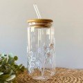 Wild Flowers Glass Cup 
With Wood Lid & Straw