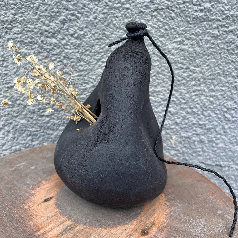 Black Magma Deflated Ceramic Balloon Vase with Three Dents