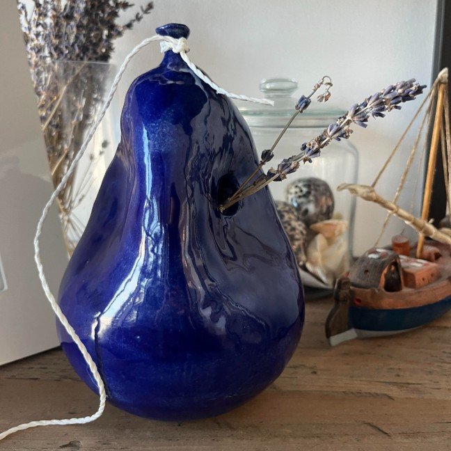 Dark Blue Deflated Ceramic Balloon Vase with Three Dents