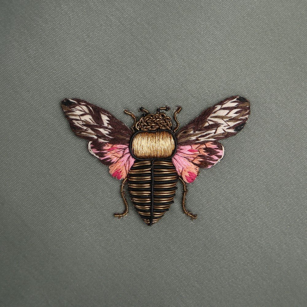 Embroidered sage velvet moth cushion
