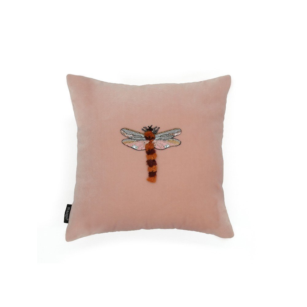 Embroidered pink velvet dragonfly cushion