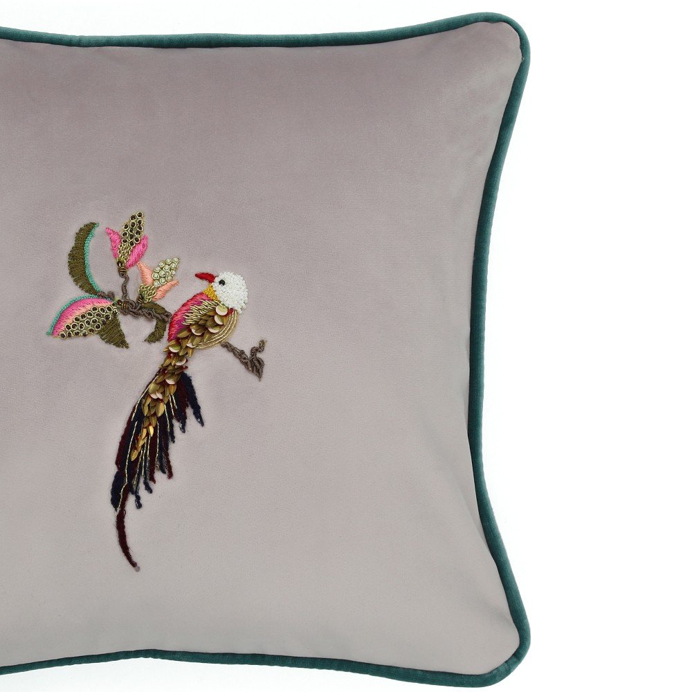 Embroidered dusky lilac velvet bird cushion cover