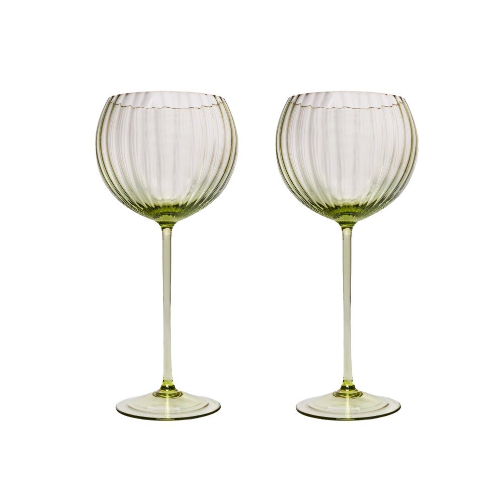 Set of 2 Lyon Red Wine Green Crystal Glasses