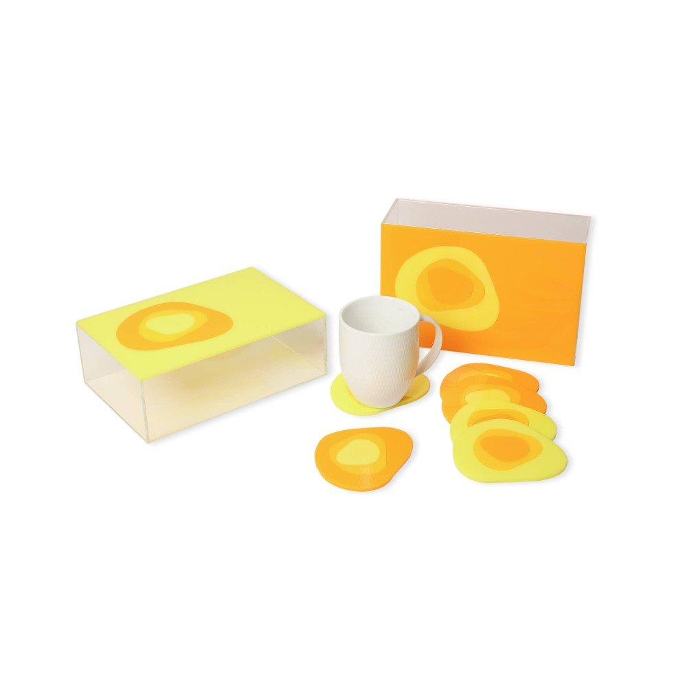 Set of 6 Yellow & Orange 
Evil Eye Plexi Coasters